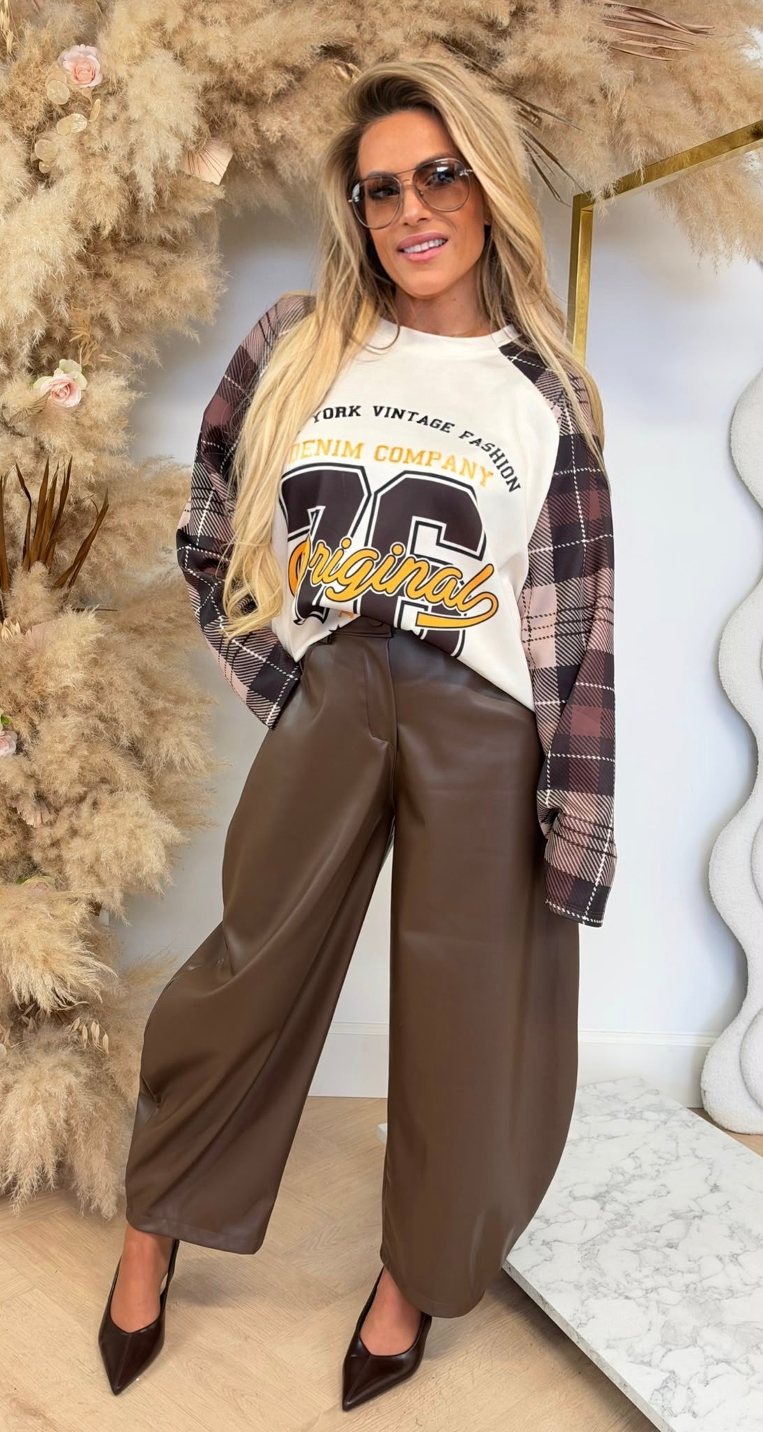 VINTAGE FASHION CHECKPRINT LONGSLEEVE BROWN