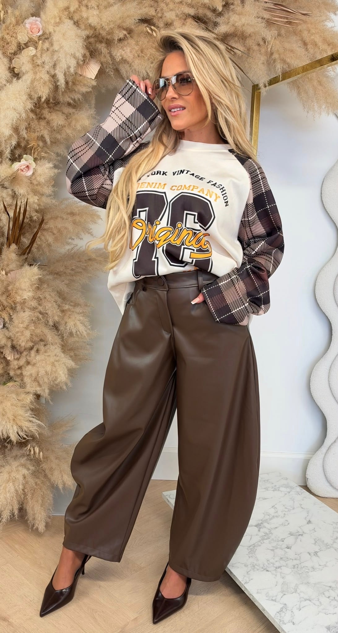 VINTAGE FASHION CHECKPRINT LONGSLEEVE BROWN