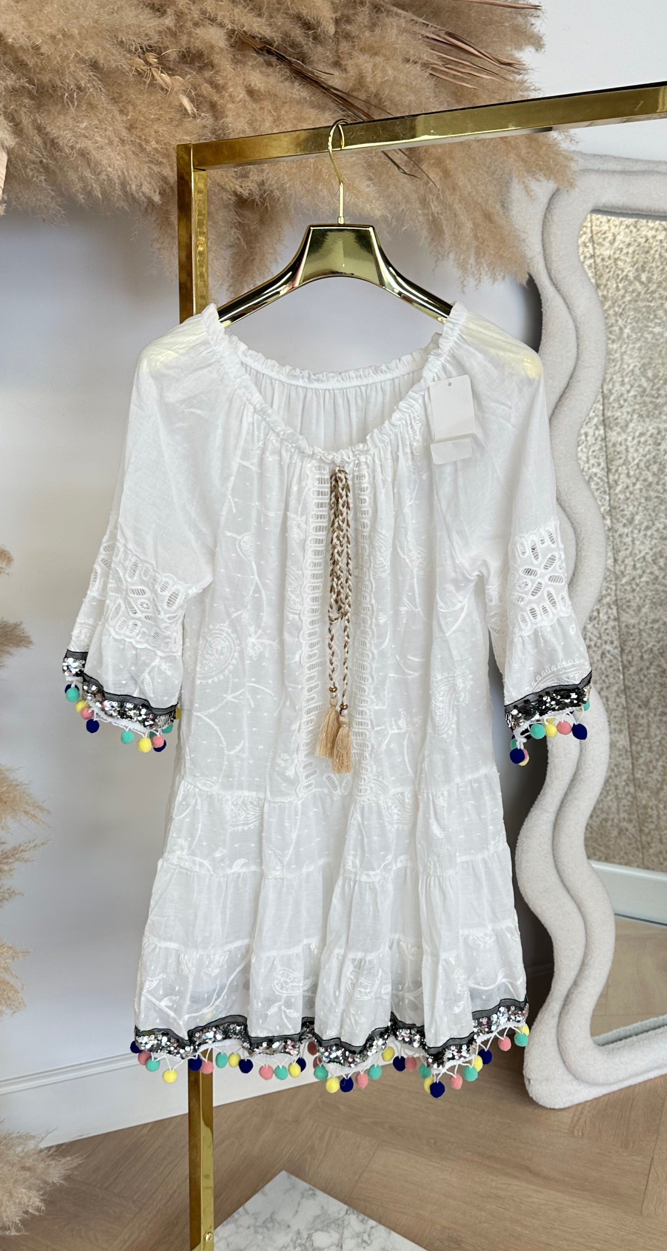 PONPON IBIZA VIBES DRESS WHITE/SILVER