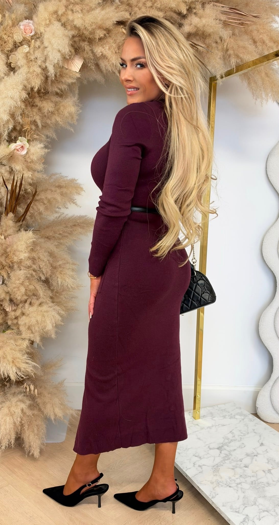 BUTTON CHIQUE DRESS + BELT 5777 WINE