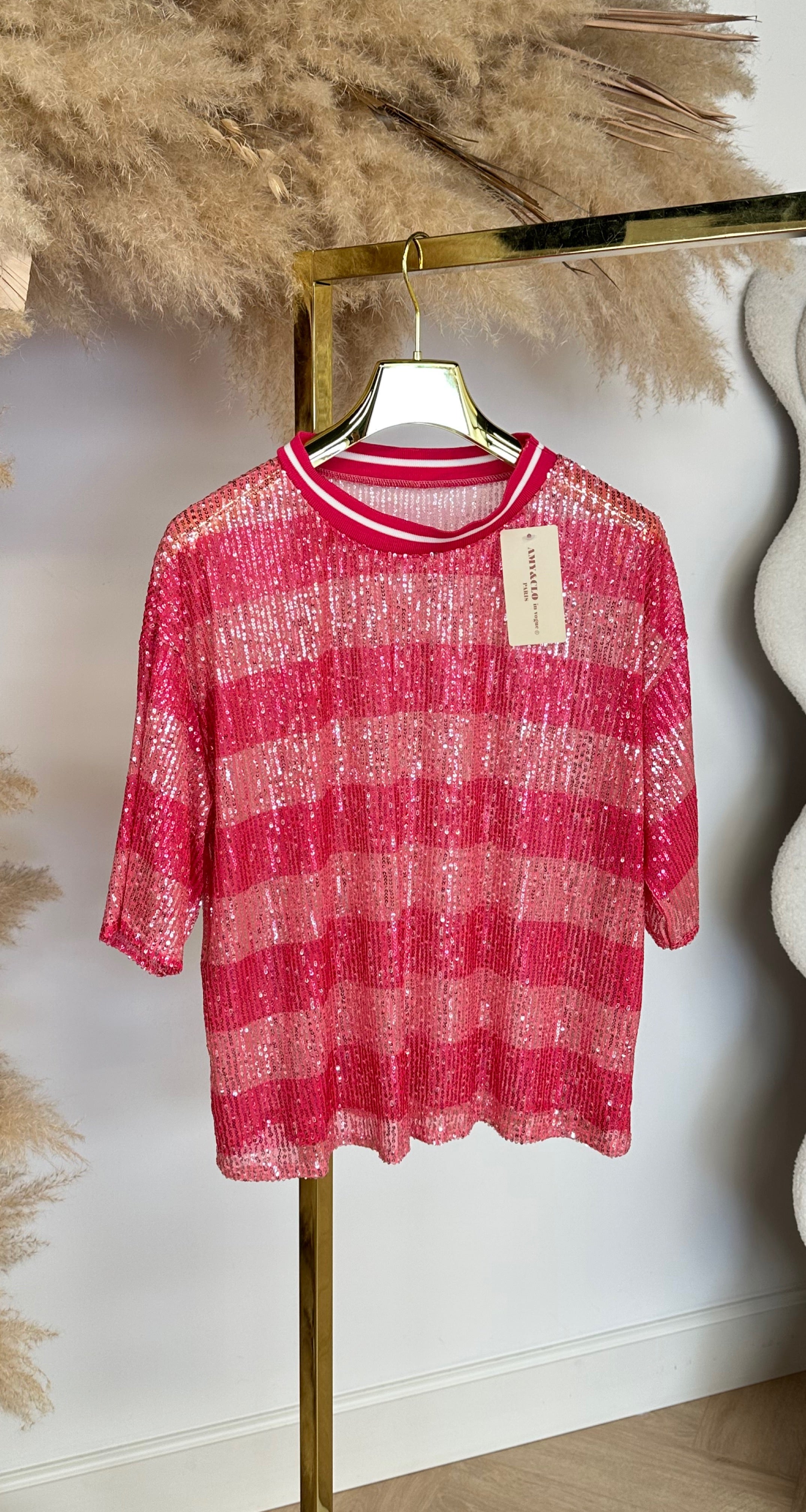 GLITTER STRIPE TEE RED/PINK