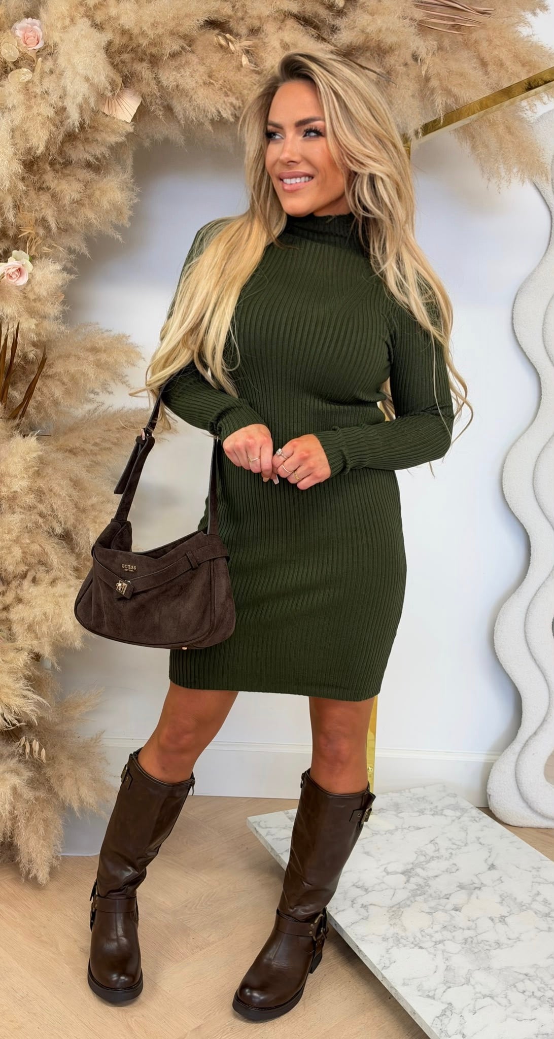 RIB TURTLE NECK DRESS 10029 ARMYGREEN