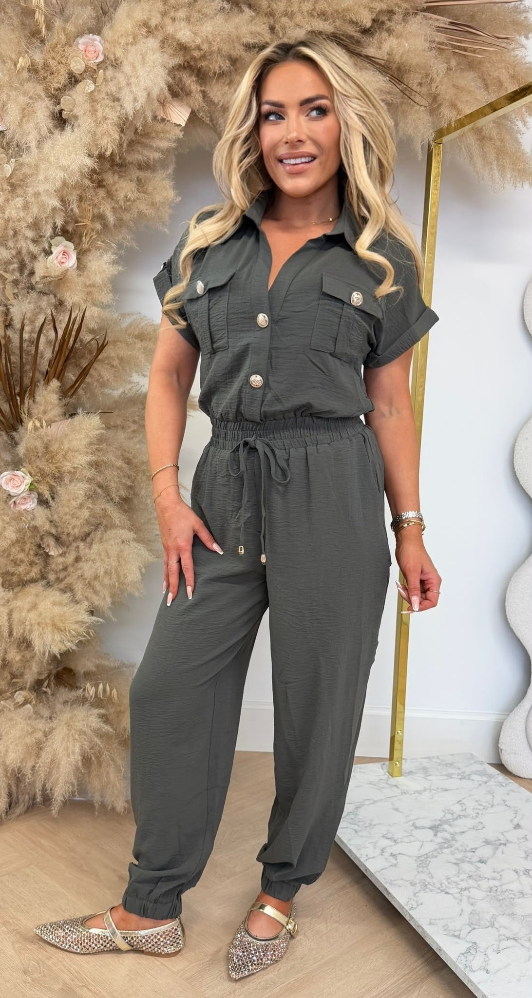 BOORDIE BUTTON JUMPSUIT 6207 ARMYGREEN