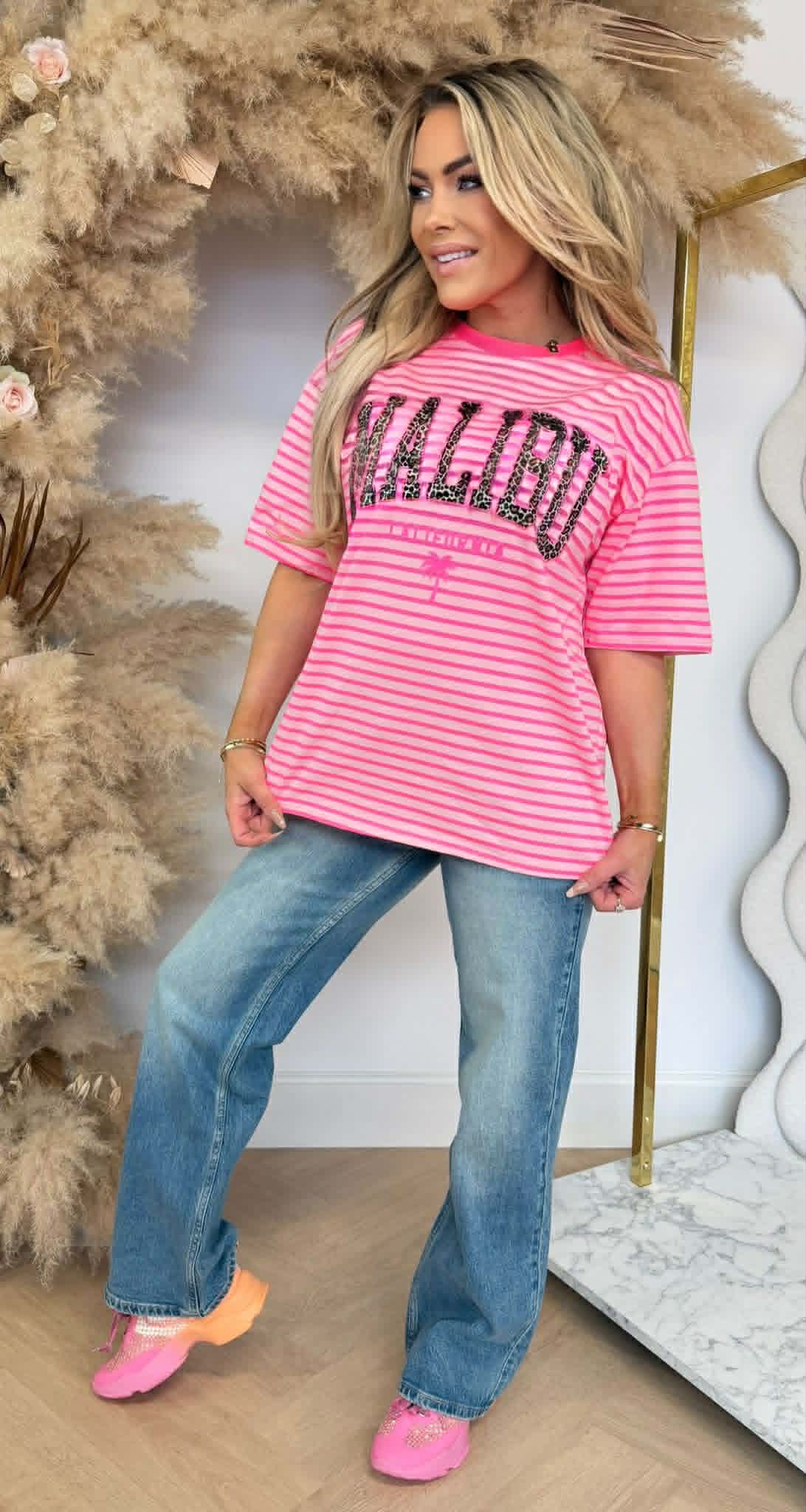 MALIBU LEO TEKST STRIPE SHIRT 00196-5 NEONPINK