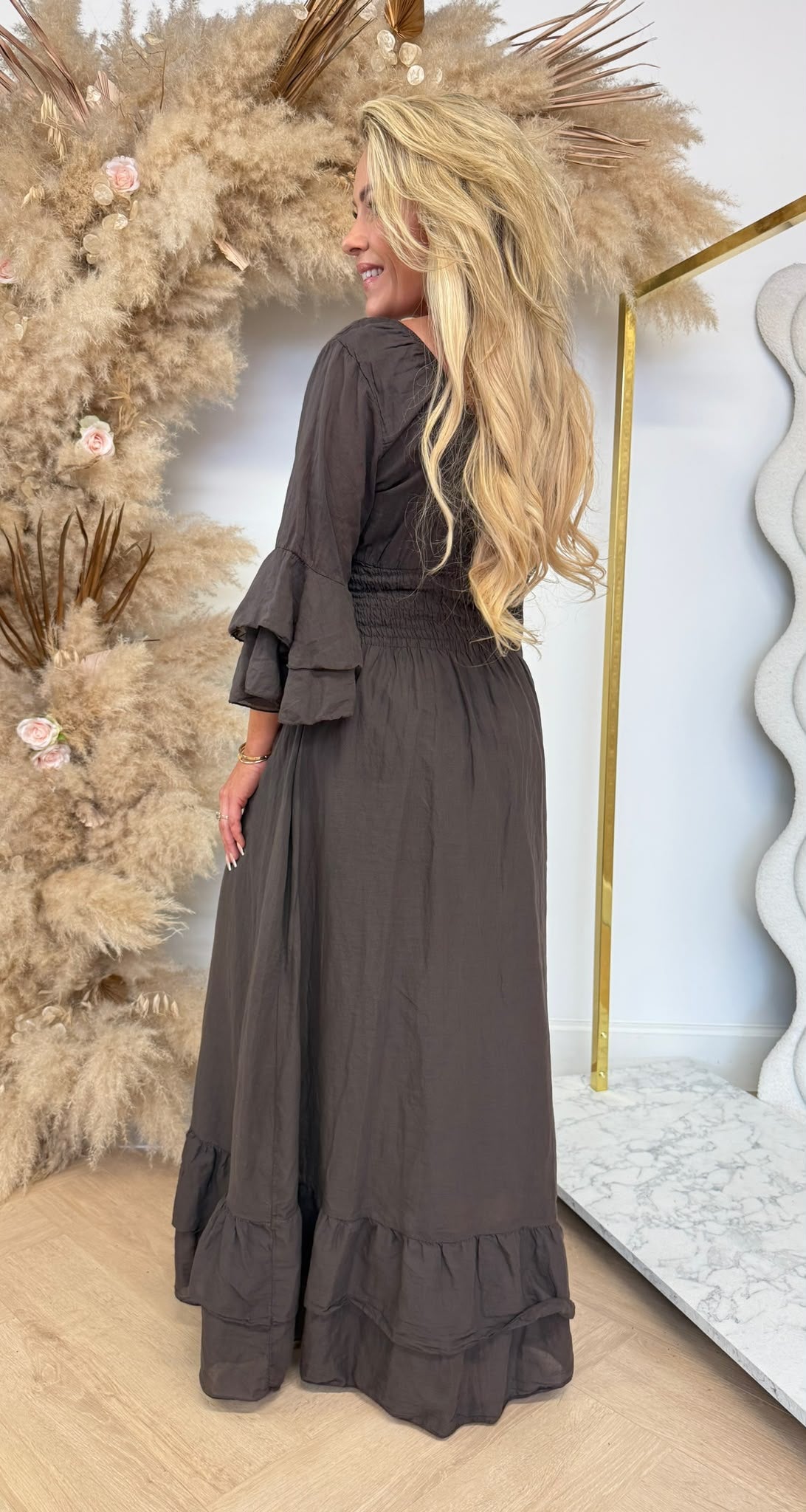 BELLA COTTON ROUCHE DRESS CHOCO