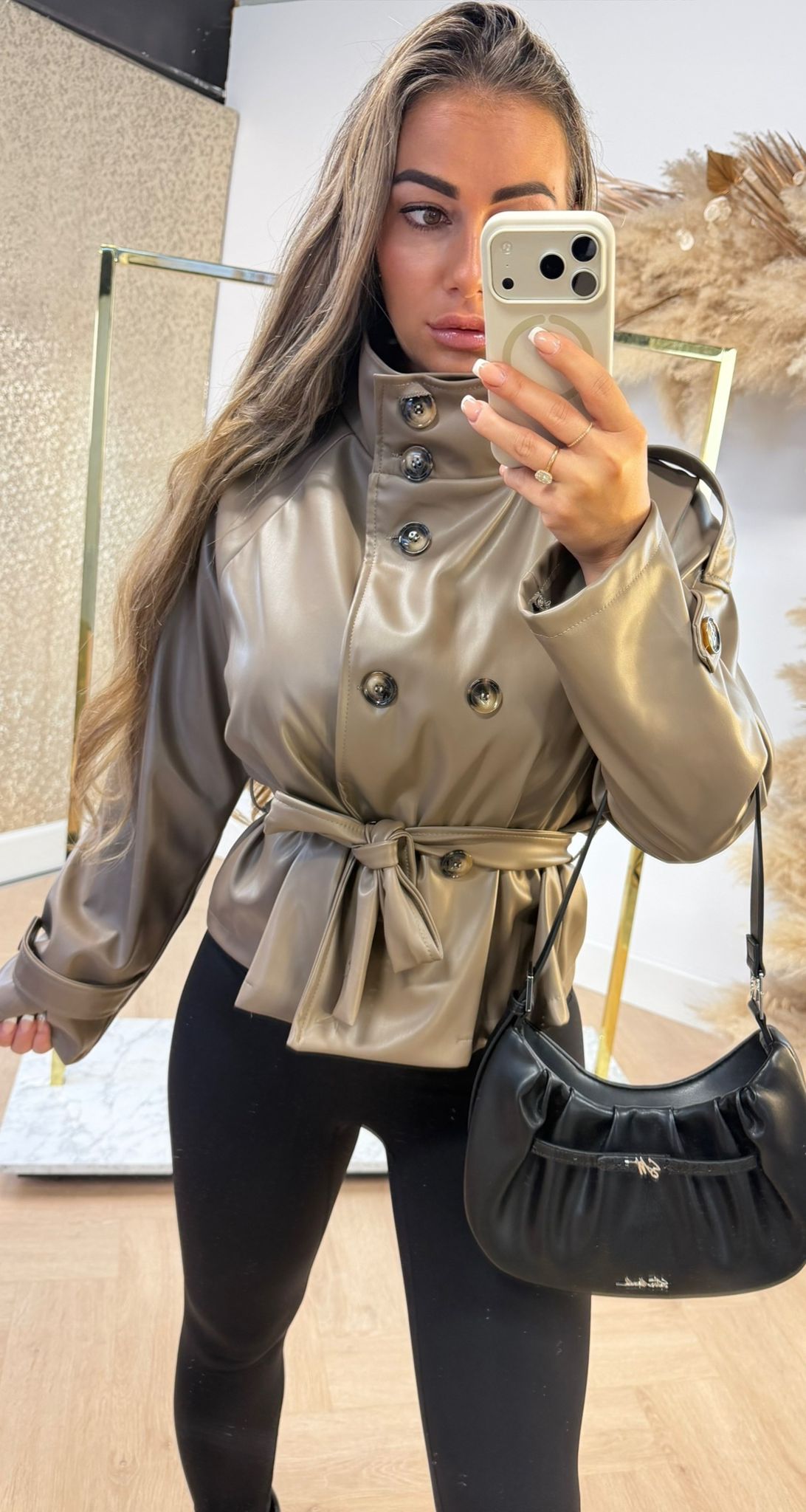 JENNIFER TAILLE BELT LEATHER LOOK JACKET TAUPE