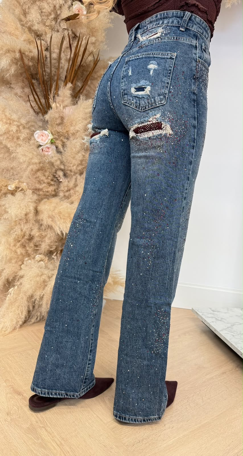 GLITZ DAMAGDE WIDE LEG JEANS 1130-1 BLUE