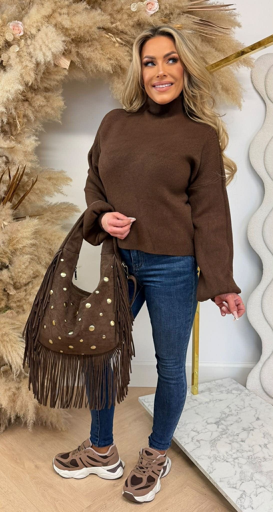 CROPPED BALLOON SLEEVE SWEAT CHOCO