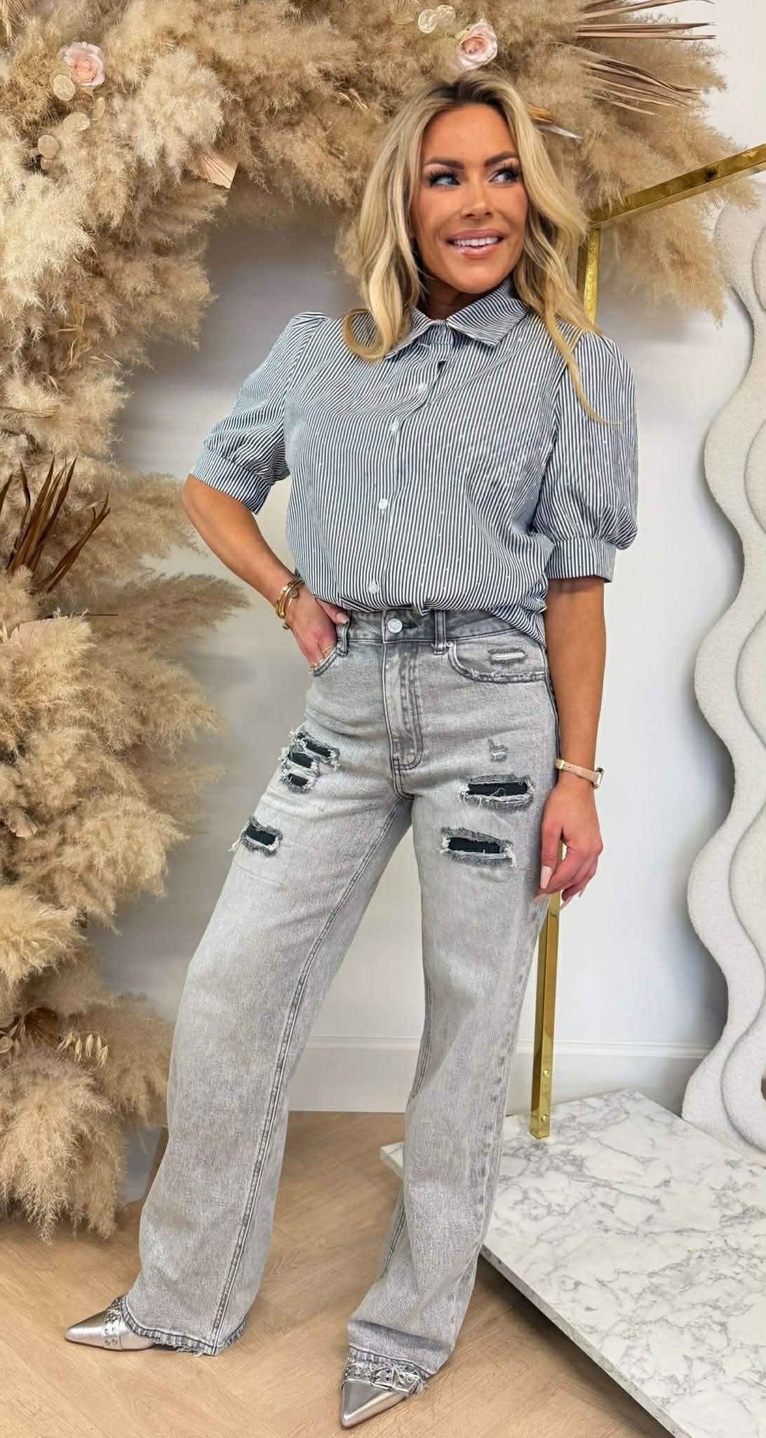 DIAMOND STRIPE SHORT SLEEVE BLOUSE GREY