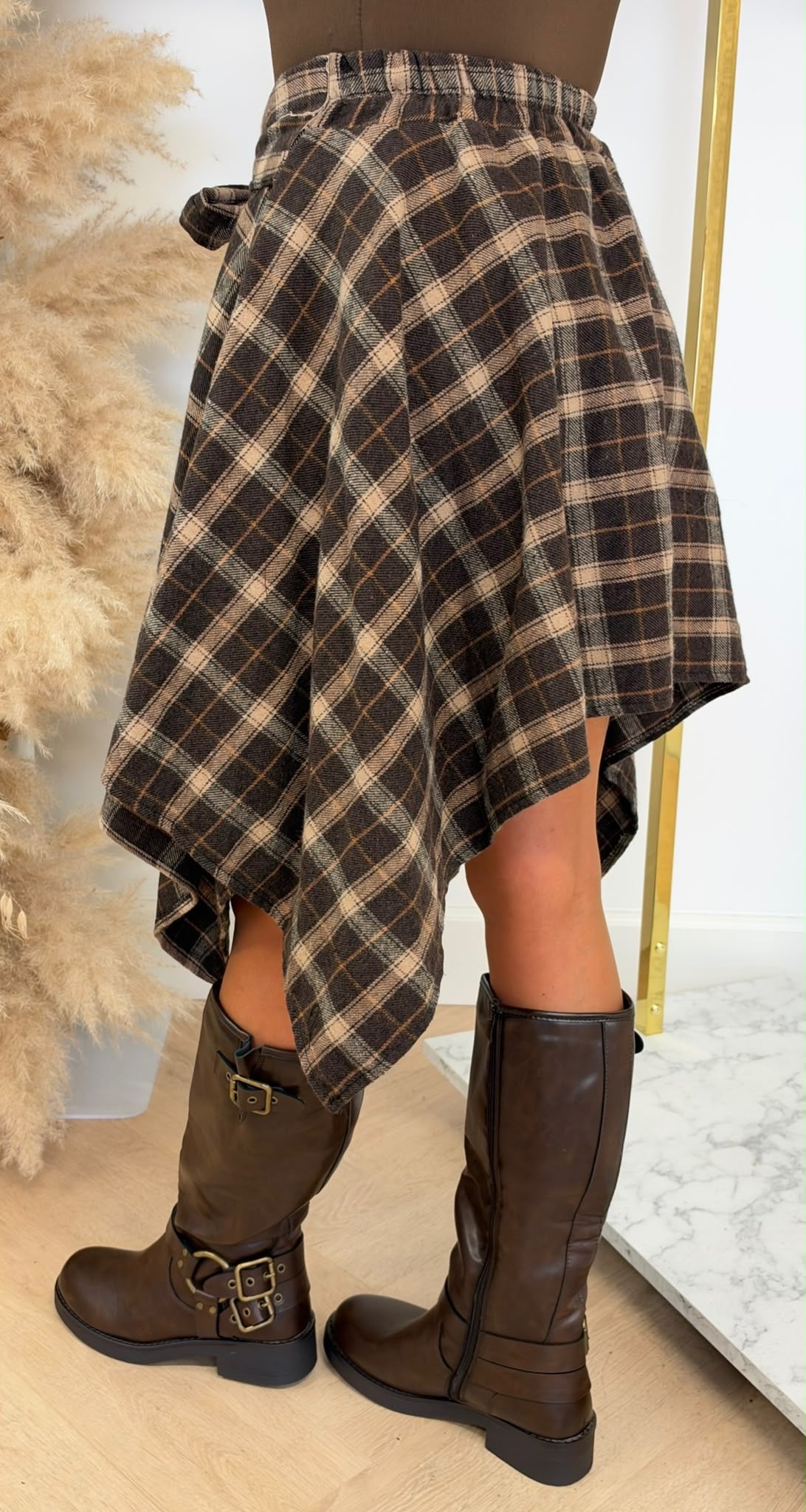 CHECK FLAP SKIRT BROWN