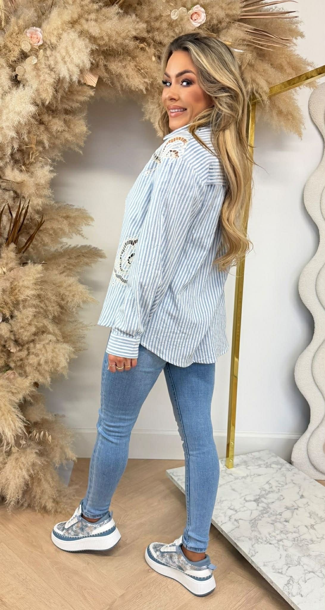 BESTICKTE STREIFENBLUSE 5249 BLAU