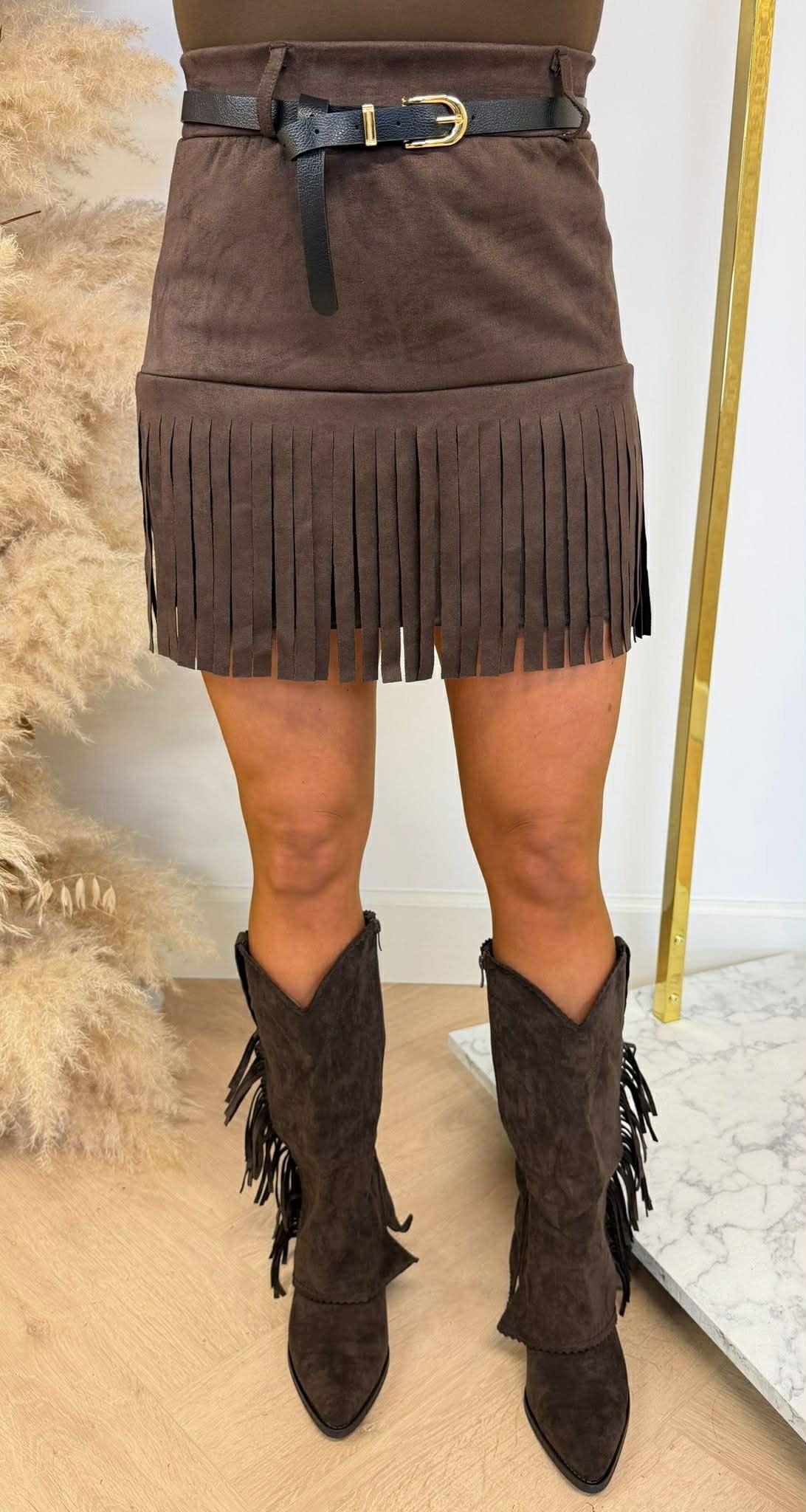 JUPE-SHORT À FRANGES CHOCOLAT