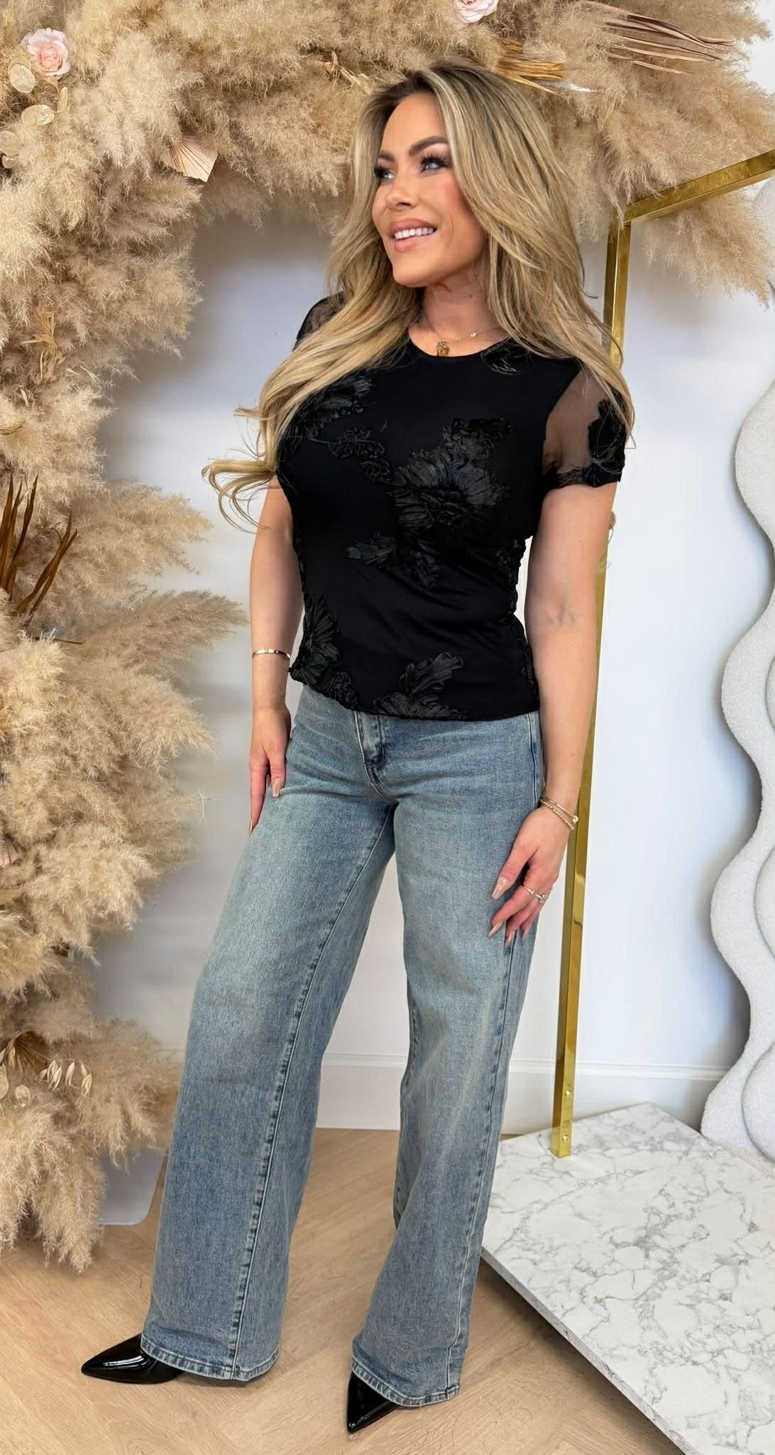 GLAM FLOWER TOP 3244 SCHWARZ