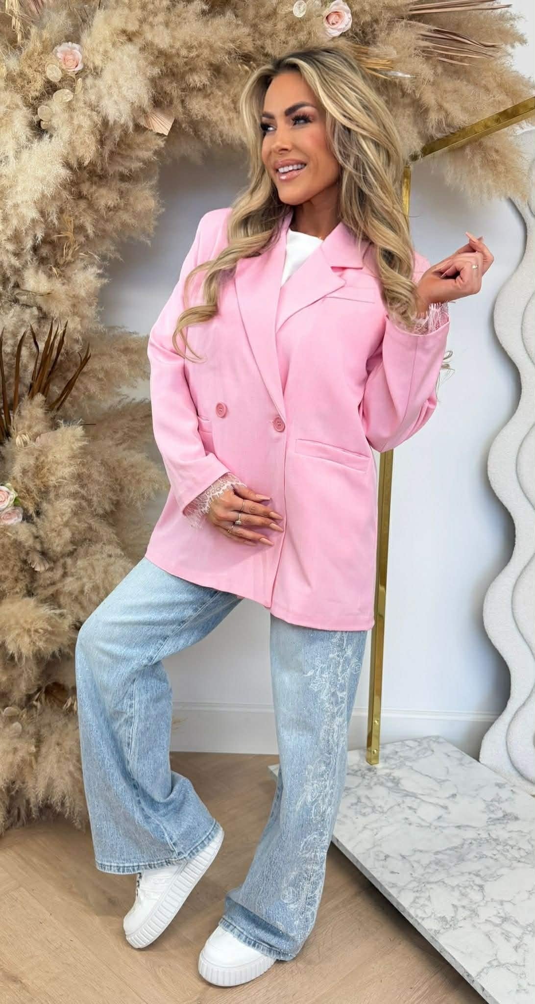 JOELLE DOUBLE BUTTON LACE BLAZER PINK