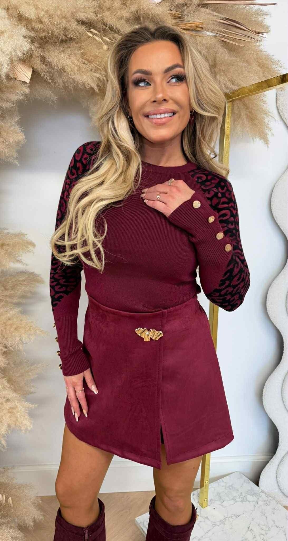 LEOPARD SLEEVE BUTTON TOP 1079 BORDEAUX