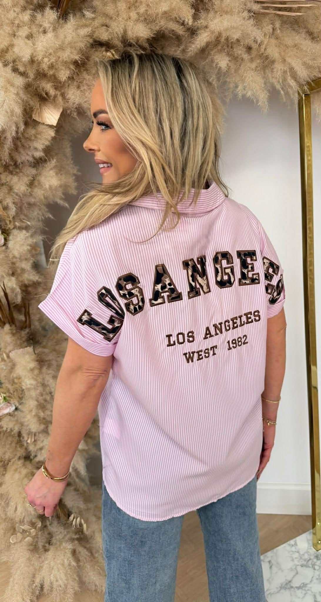 LS LEOPARD TEKST STRIPE BLOUSE R7481 PINK