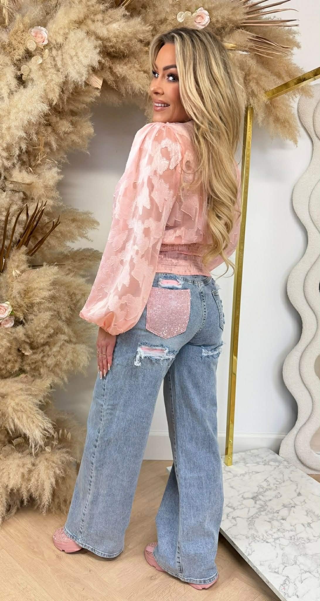 HAUT EN MAILLE FLEURIE 5413 ROSE PÂLE