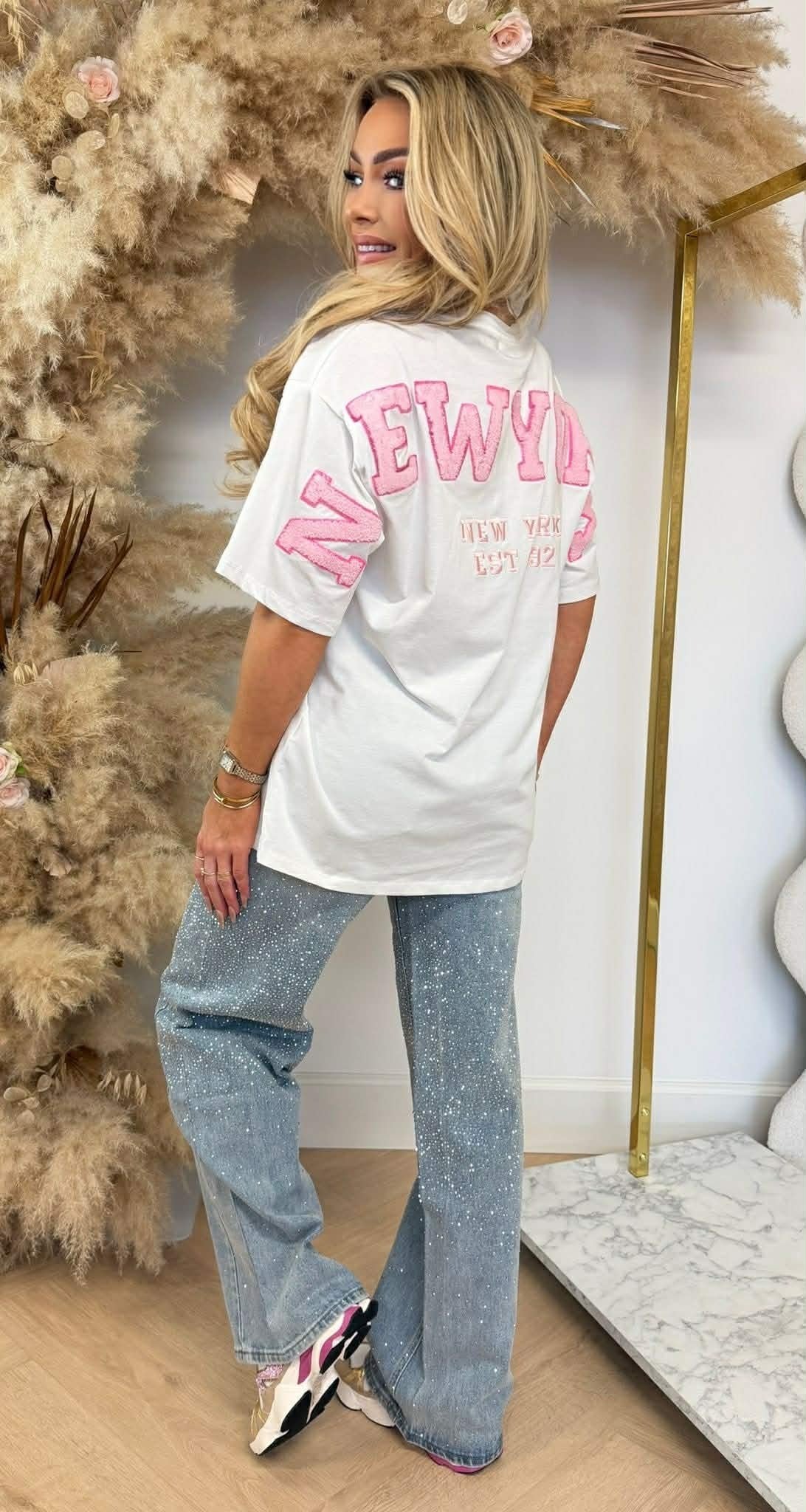 NEW YORK TEDDY TEXT TEE 7475 OFFWHITE/PINK