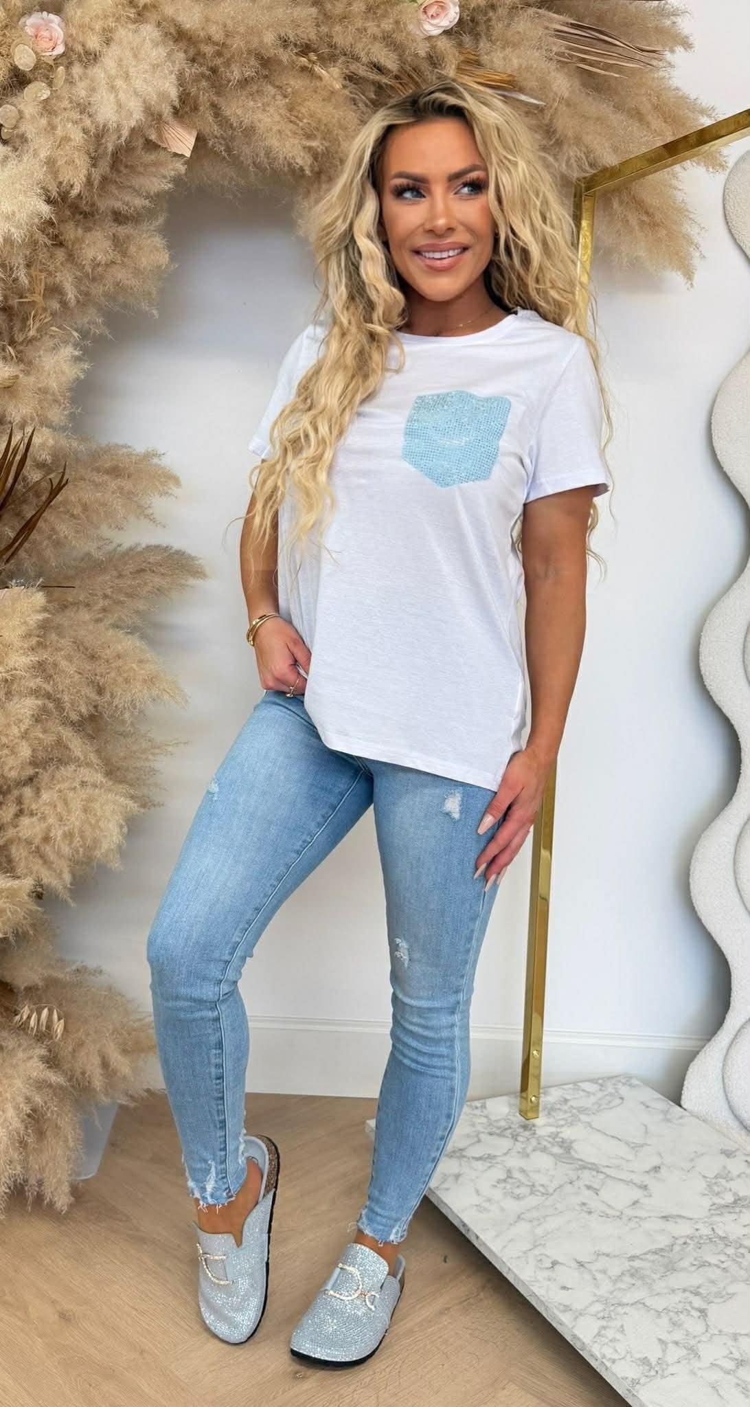 POCKET NEW GLITTER TEE BLAU/OFFWHITE