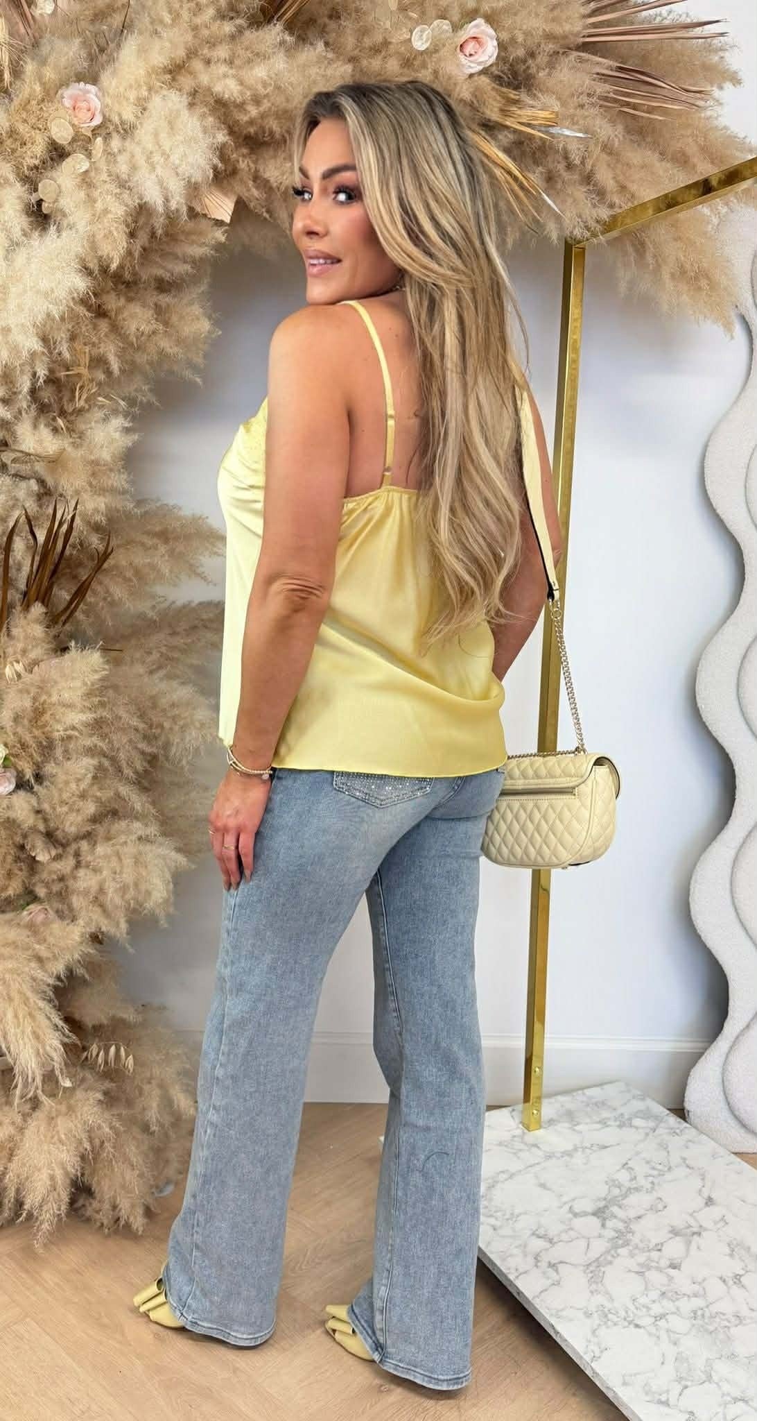 SATIN SPAGHETTI LACE TOP YELLOW