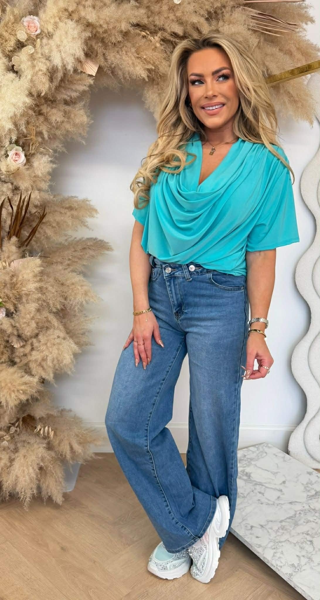 WATERFALL NECK SHIRT AQUA