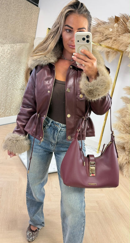 BUTTON VEGAN FAUX FUR COAT 56105 BORDEAUX