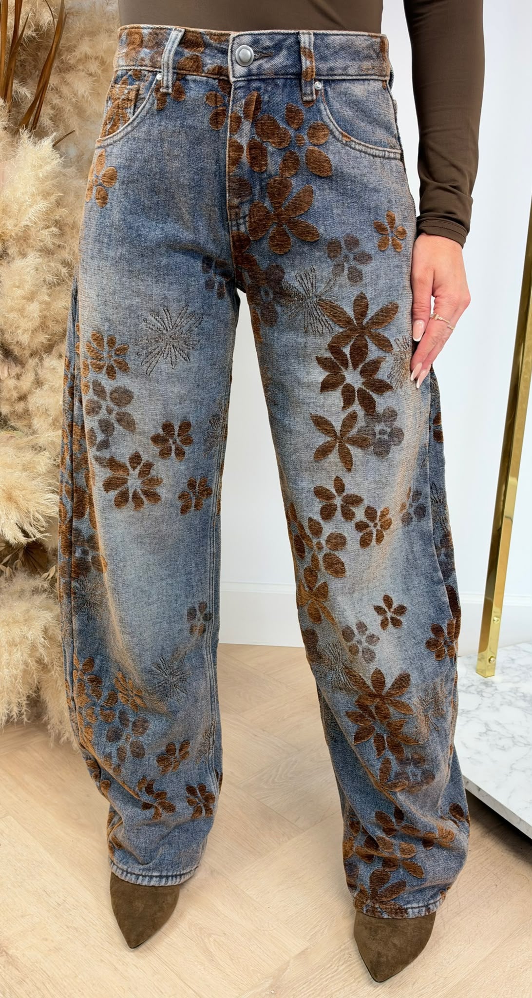 FLOWER PRINT VELVET JEANS W039 BLUE BROWN
