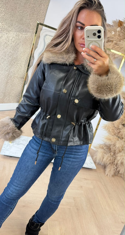 BUTTON VEGAN FAUX FUR JACKET 56105 BLACK