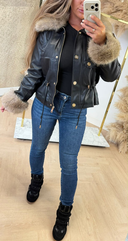 BUTTON VEGAN FAUX FUR JACKET 56105 BLACK