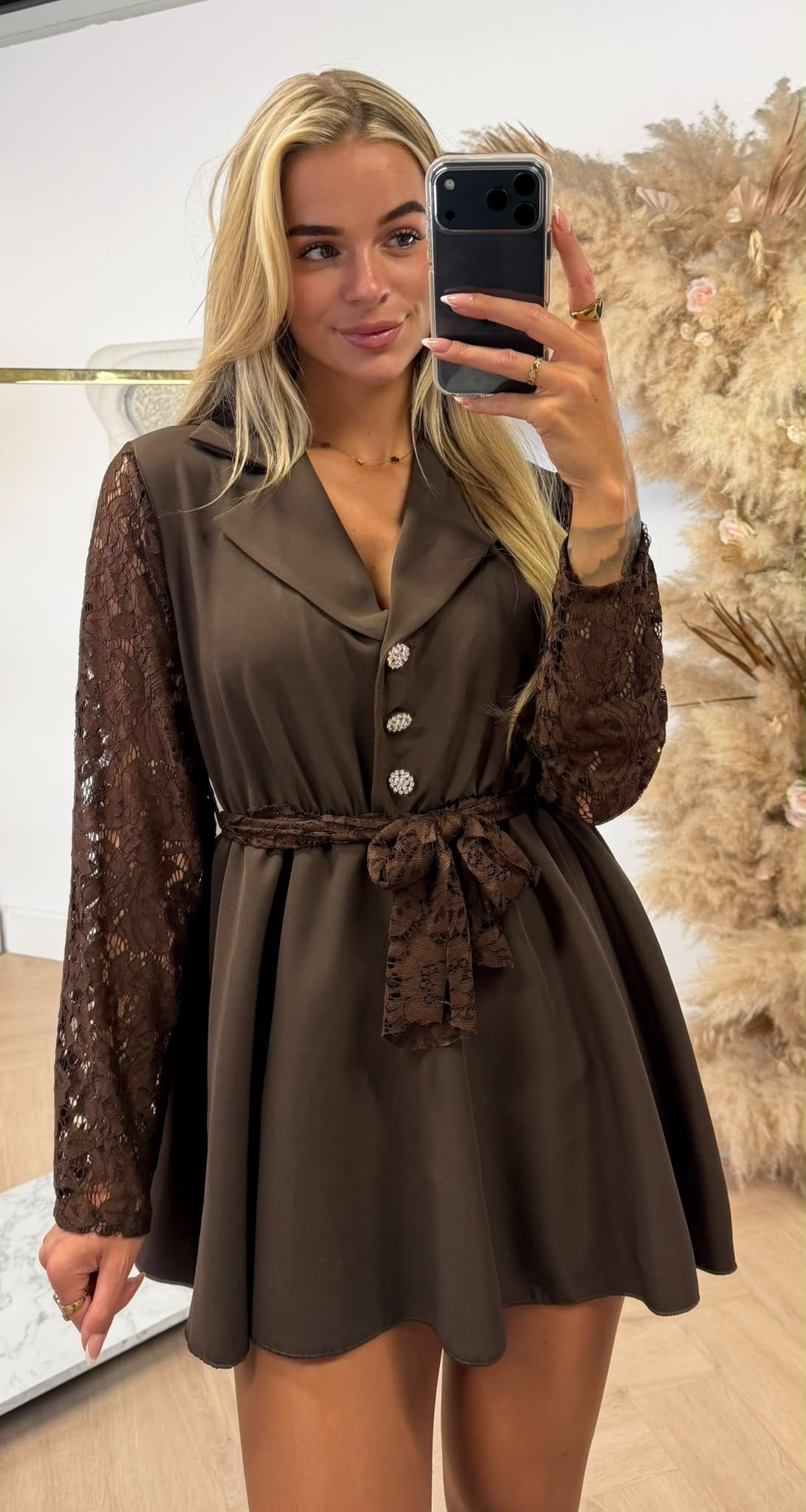 HOLLY LACE SLEEVE DIAMOND BUTTON PLAYSUIT CHOCO