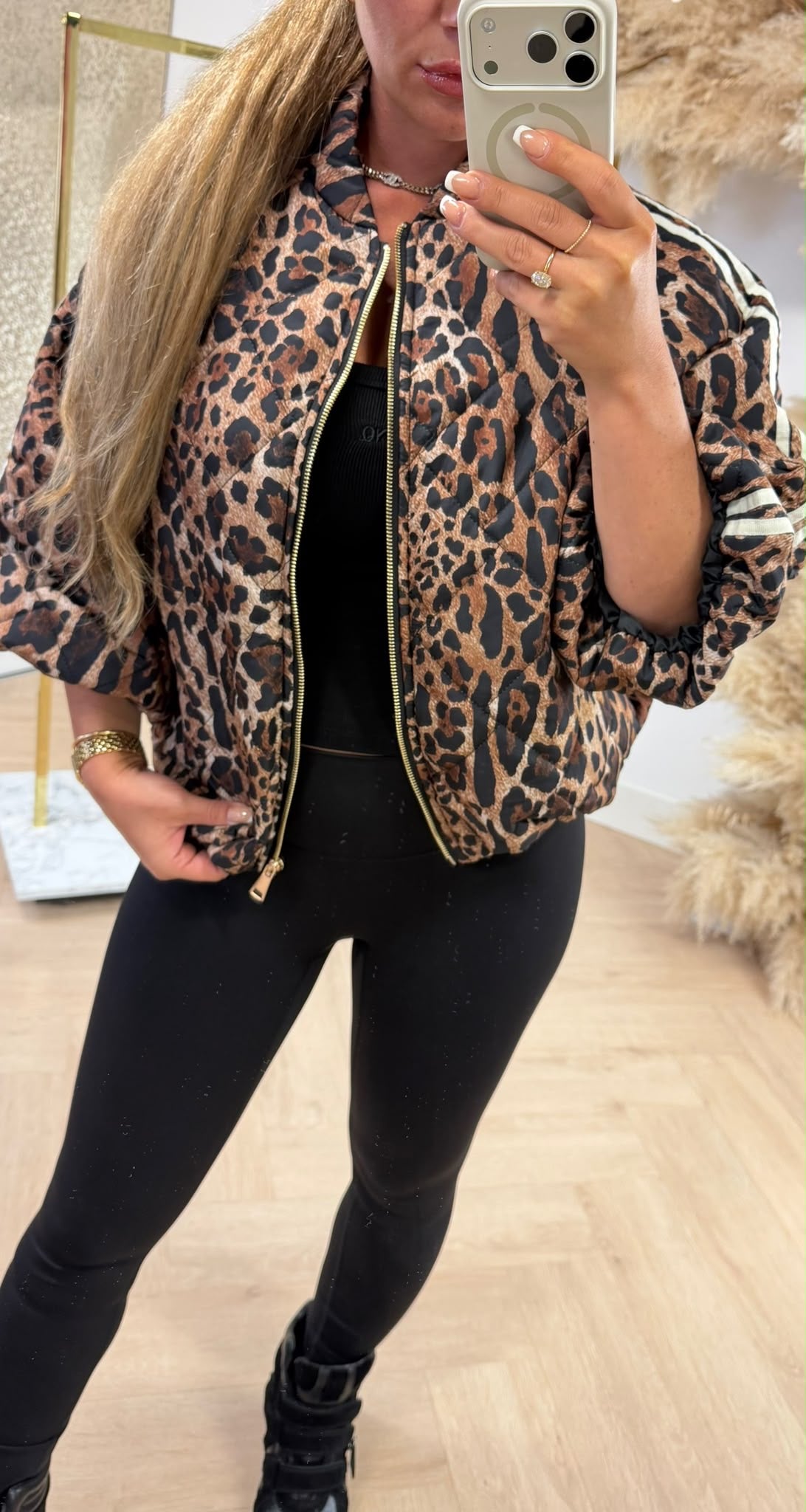PUFFER 3/4 MOUW JACKET CAMEL/LEOPARD