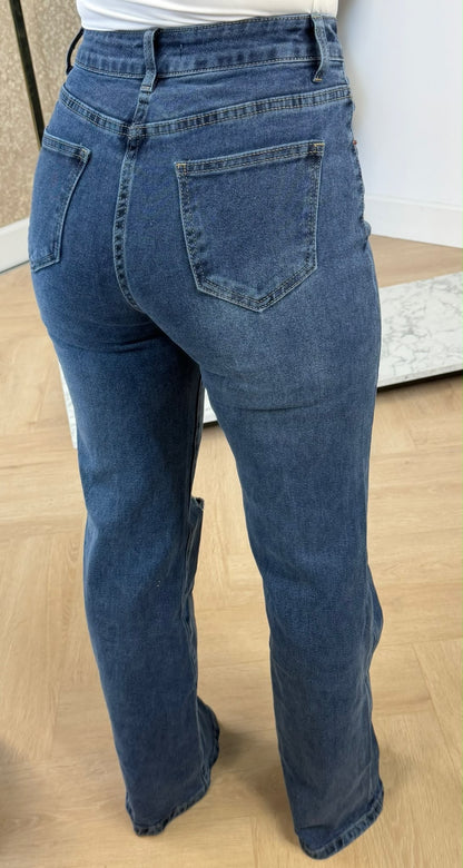DAMAGDE WIDE LEG JEANS 648 DARKDENIM