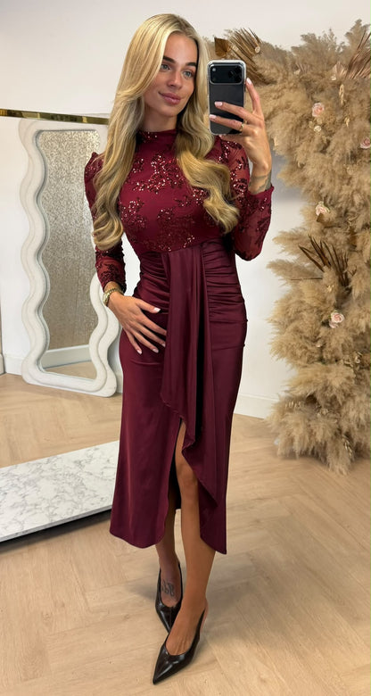 ELINE SATIN SEQUIN DRESS BORDEAUX