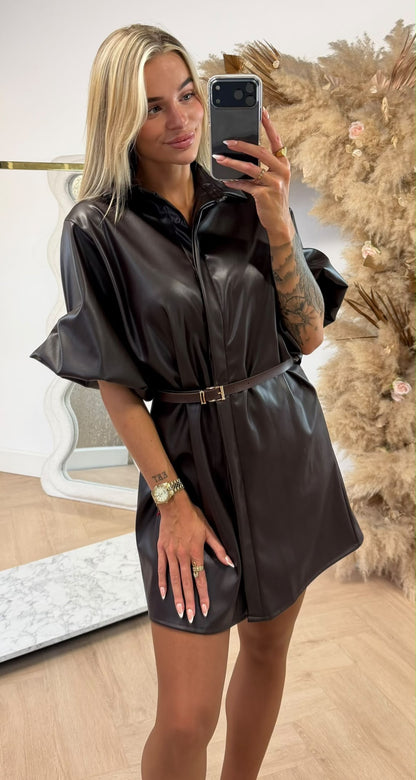 LENA FAKE PU POFMOUW DRESS CHOCO