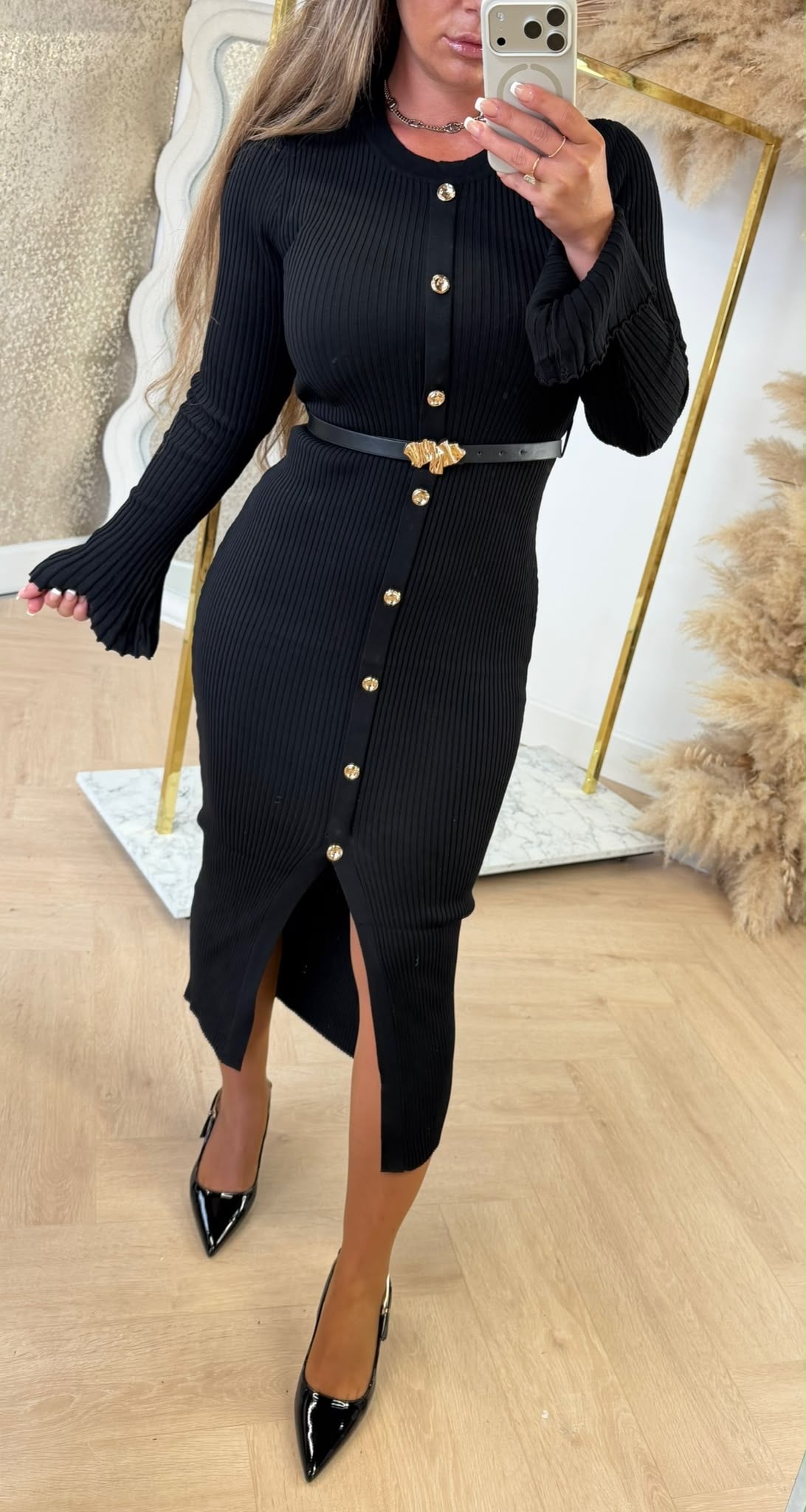BUTTON RIB BELT DRESS 3060 BLACK