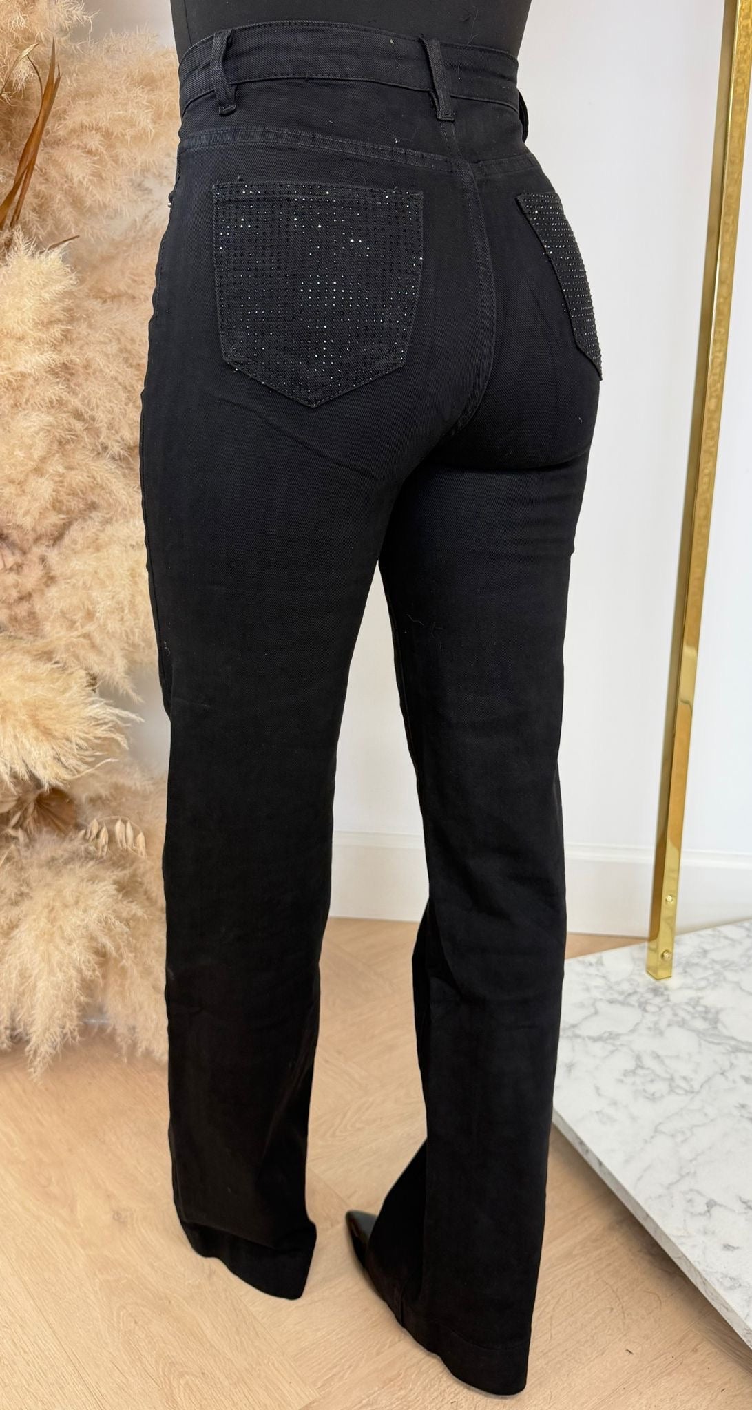 GLITTER POCKET WIDE LEG JEANS 16161 BLACK
