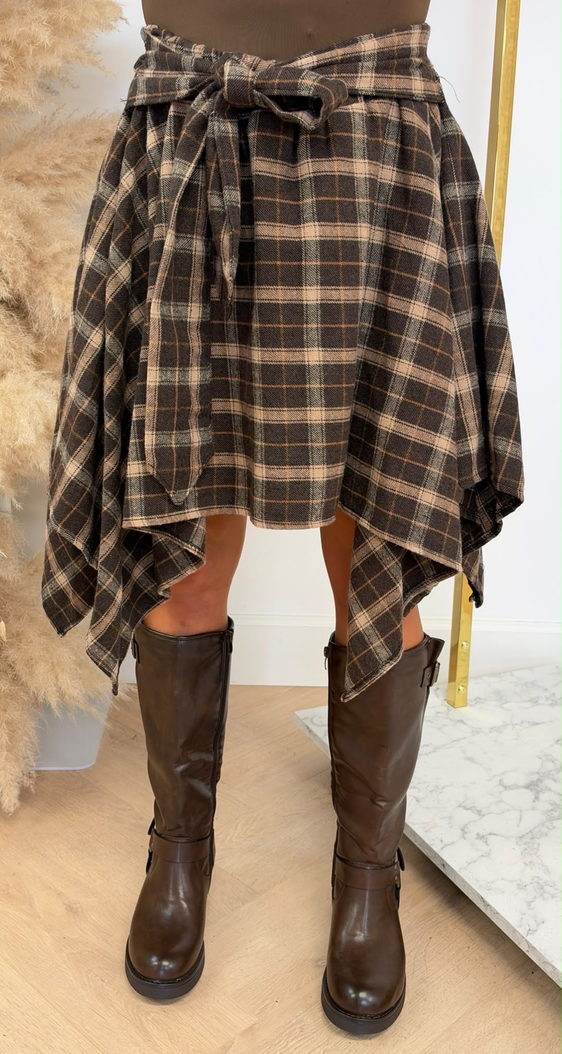 CHECK FLAP SKIRT BROWN