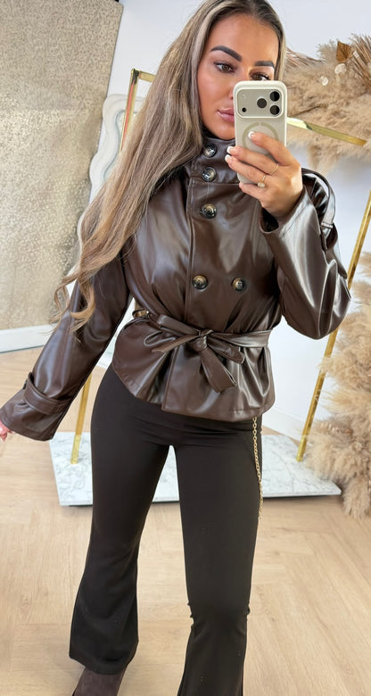 JENNIFER TAILLE BELT LEATHER LOOK JACKET CHOCO