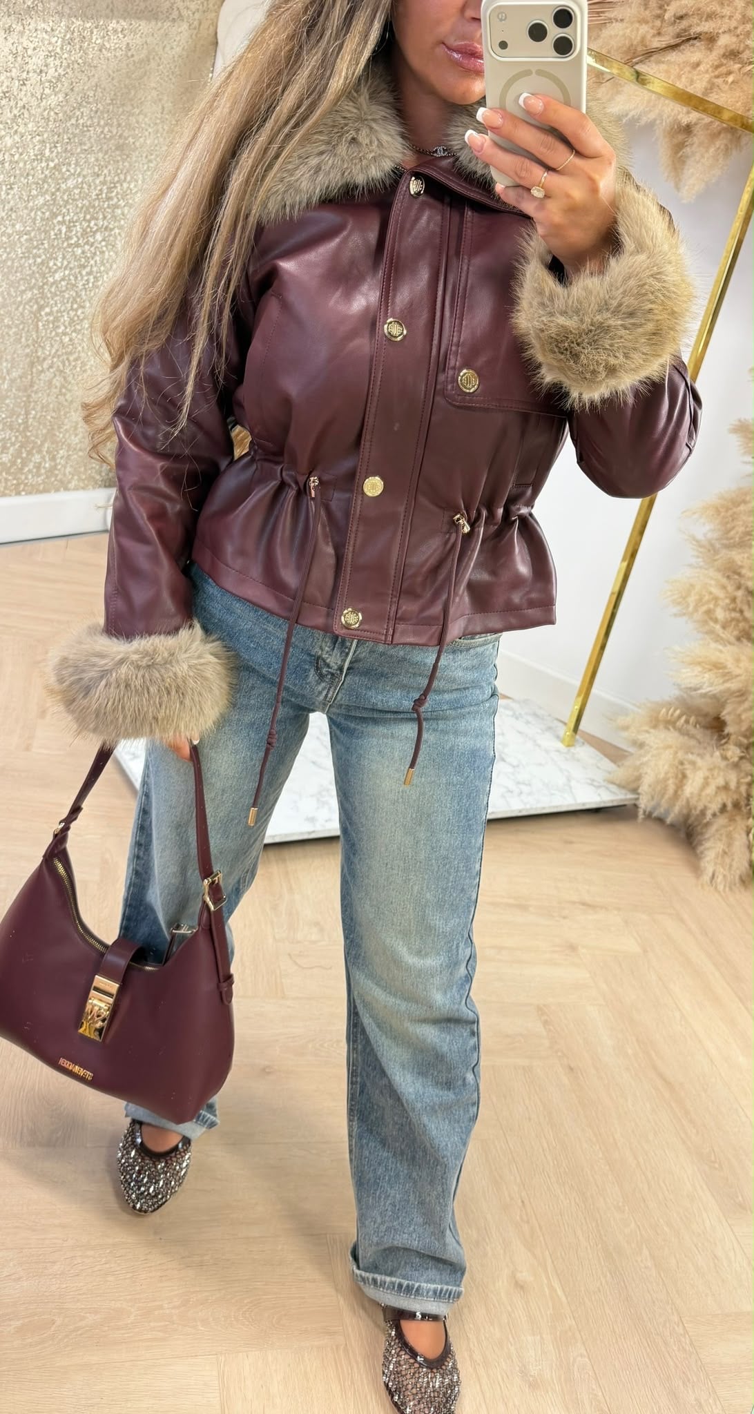 BUTTON VEGAN FAUX FUR COAT 56105 BORDEAUX