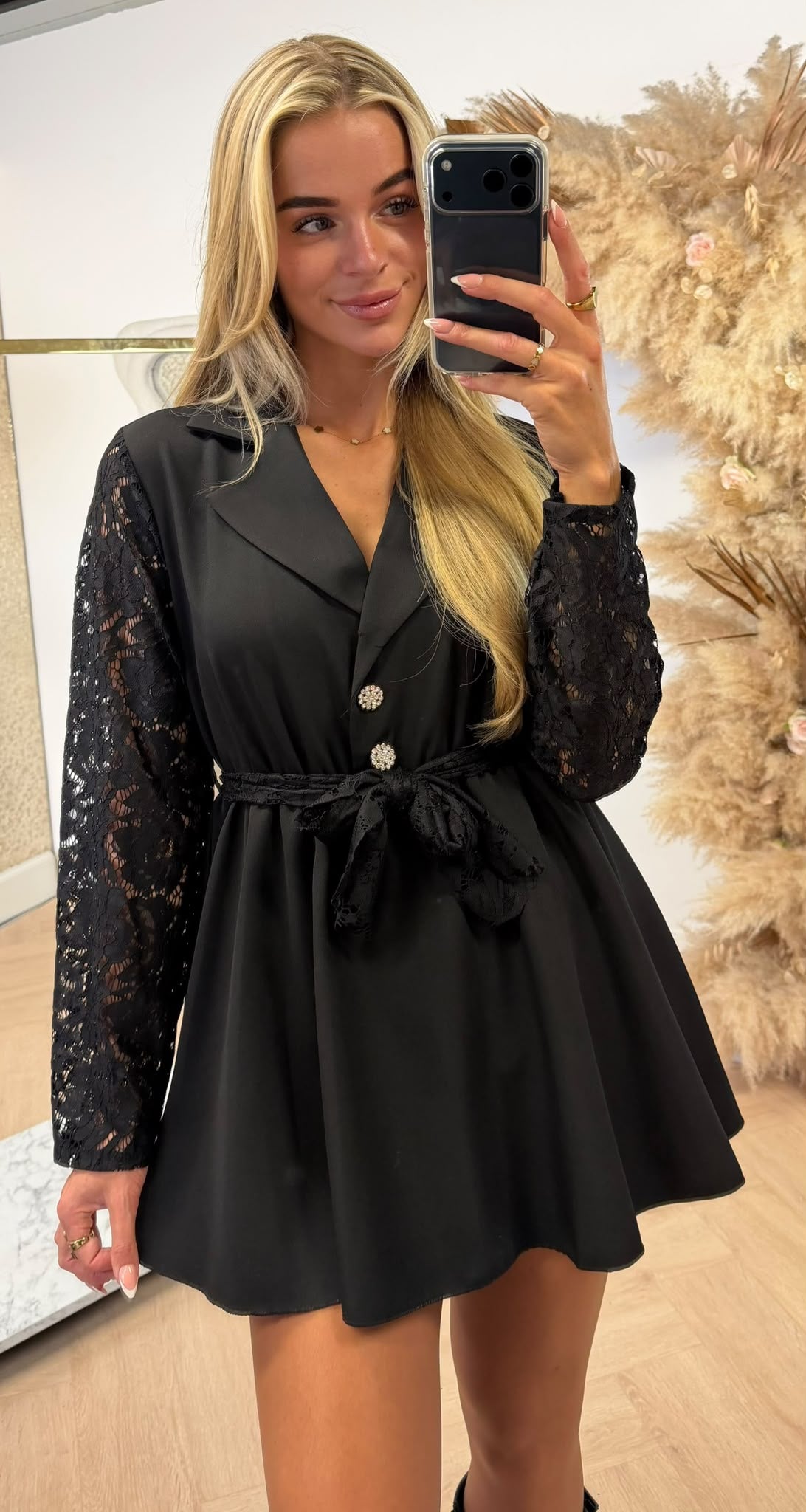 HOLLY LACE SLEEVE DIAMOND BUTTON PLAYSUIT BLACK