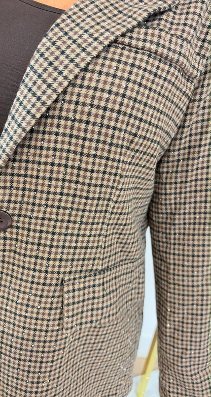 JESRA CHECK PRINTED GLITTER BLAZER BROWN