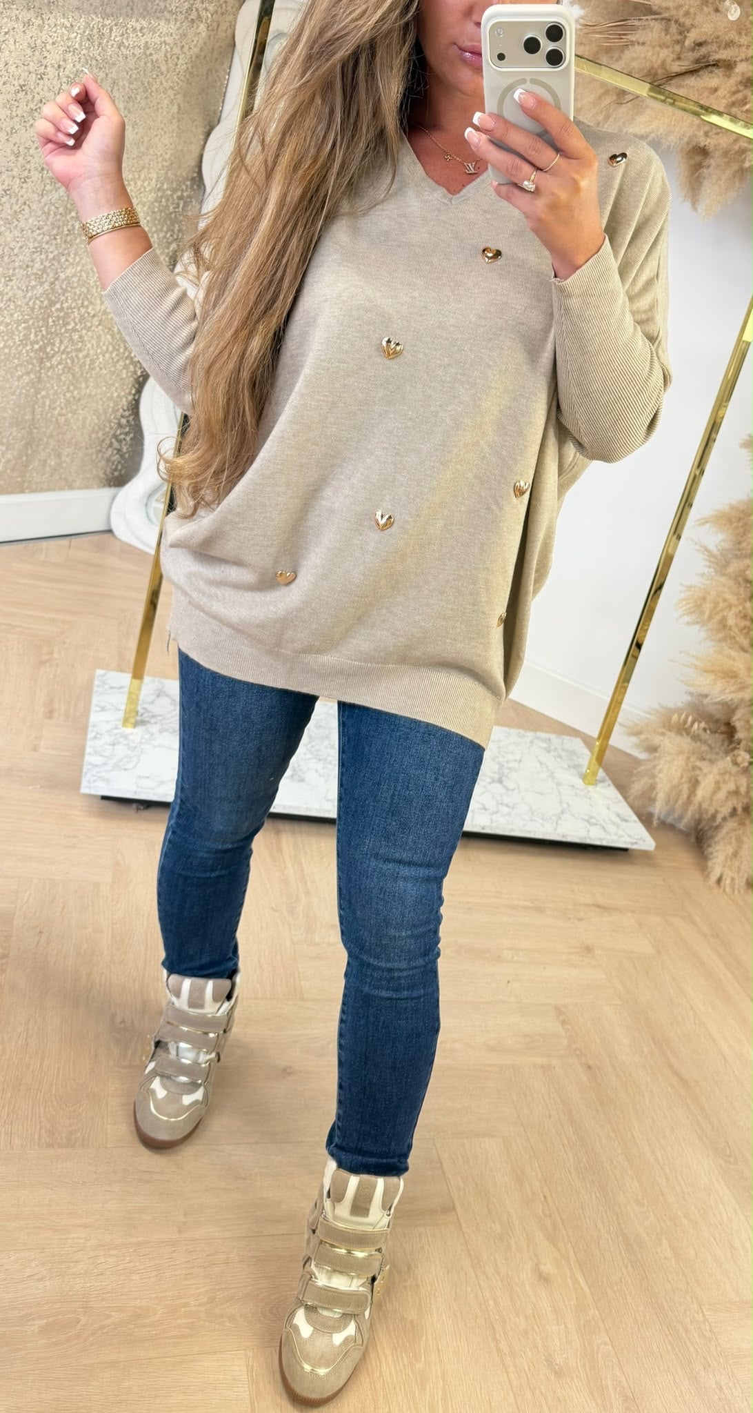 OVERSIZED HEART STUD SWEAT 10595 BEIGE
