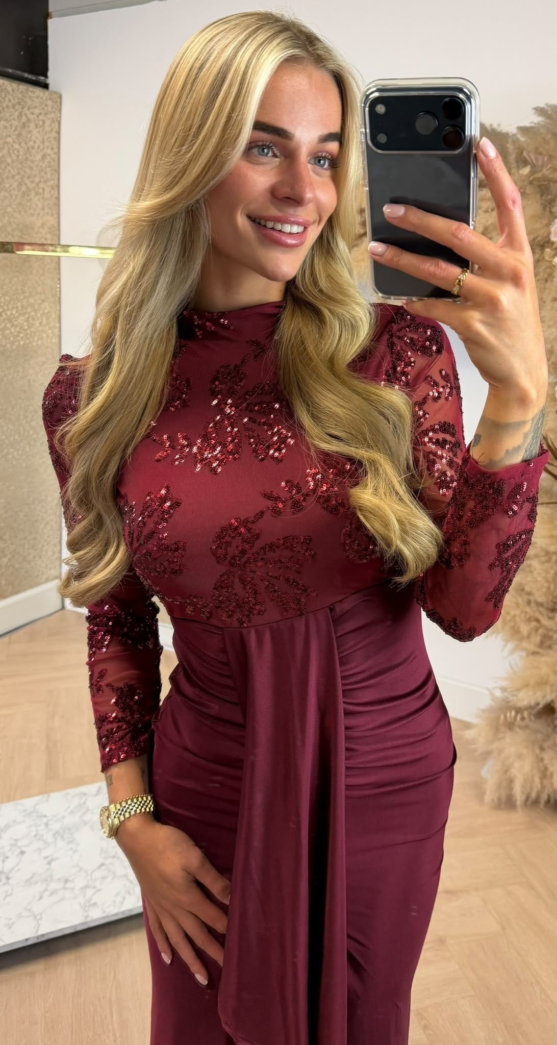 ELINE SATIN SEQUIN DRESS BORDEAUX