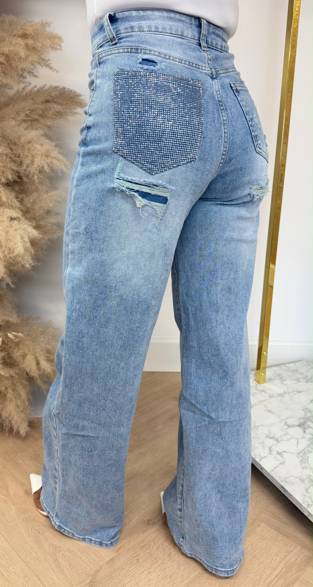 GLITTER POCKET WIDE LEG JEANS 0071-1 DENIMBLUE