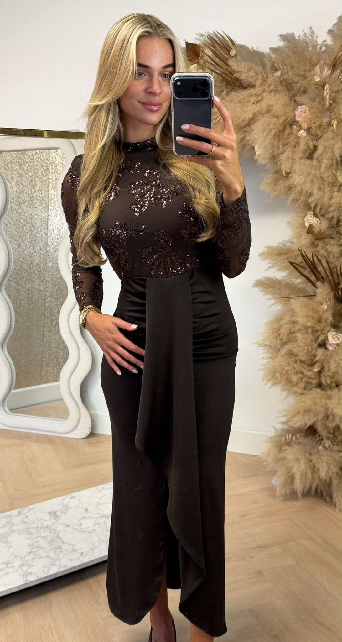 ELINE SATIN SEQUIN DRESS CHOCO