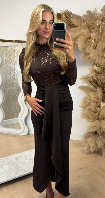 ELINE SATIN SEQUIN DRESS CHOCO