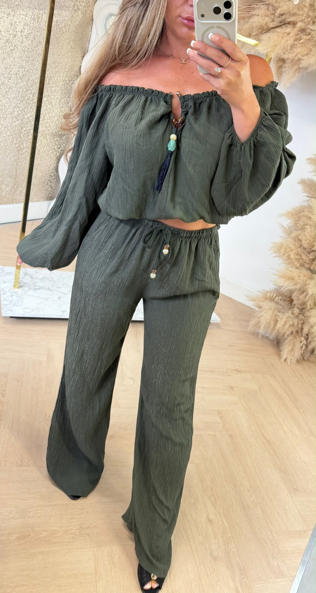 CRISTAL OFFSHOULDER SET ARMYGREEN