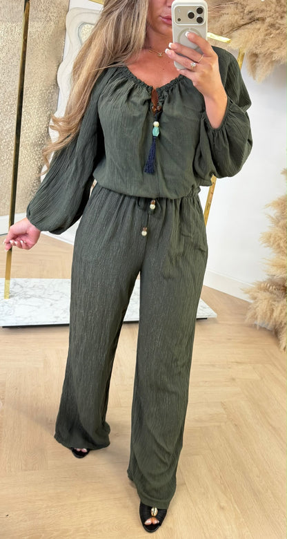 CRISTAL OFFSHOULDER SET ARMYGREEN