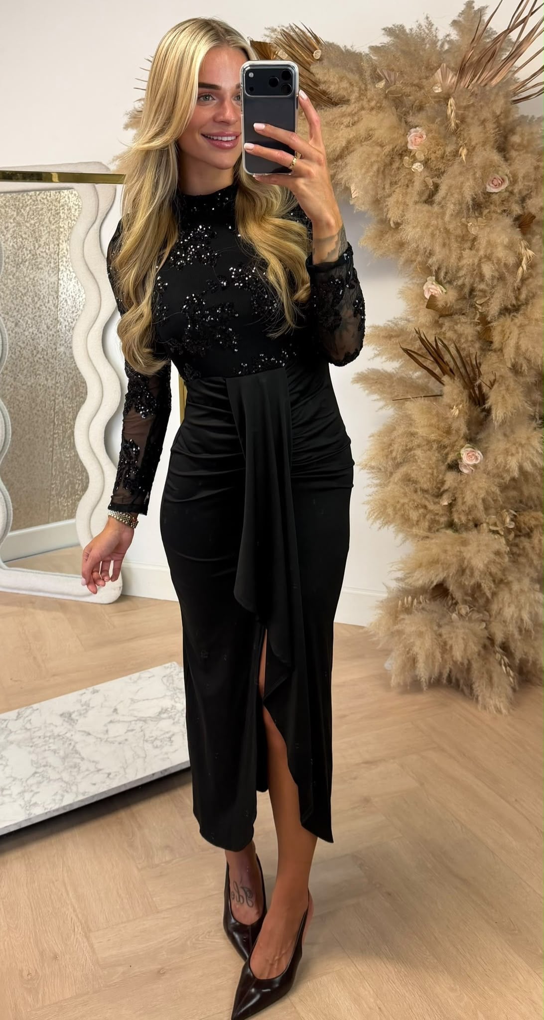 ELINE SATIN SEQUIN DRESS BLACK