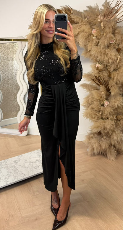 ELINE SATIN SEQUIN DRESS BLACK